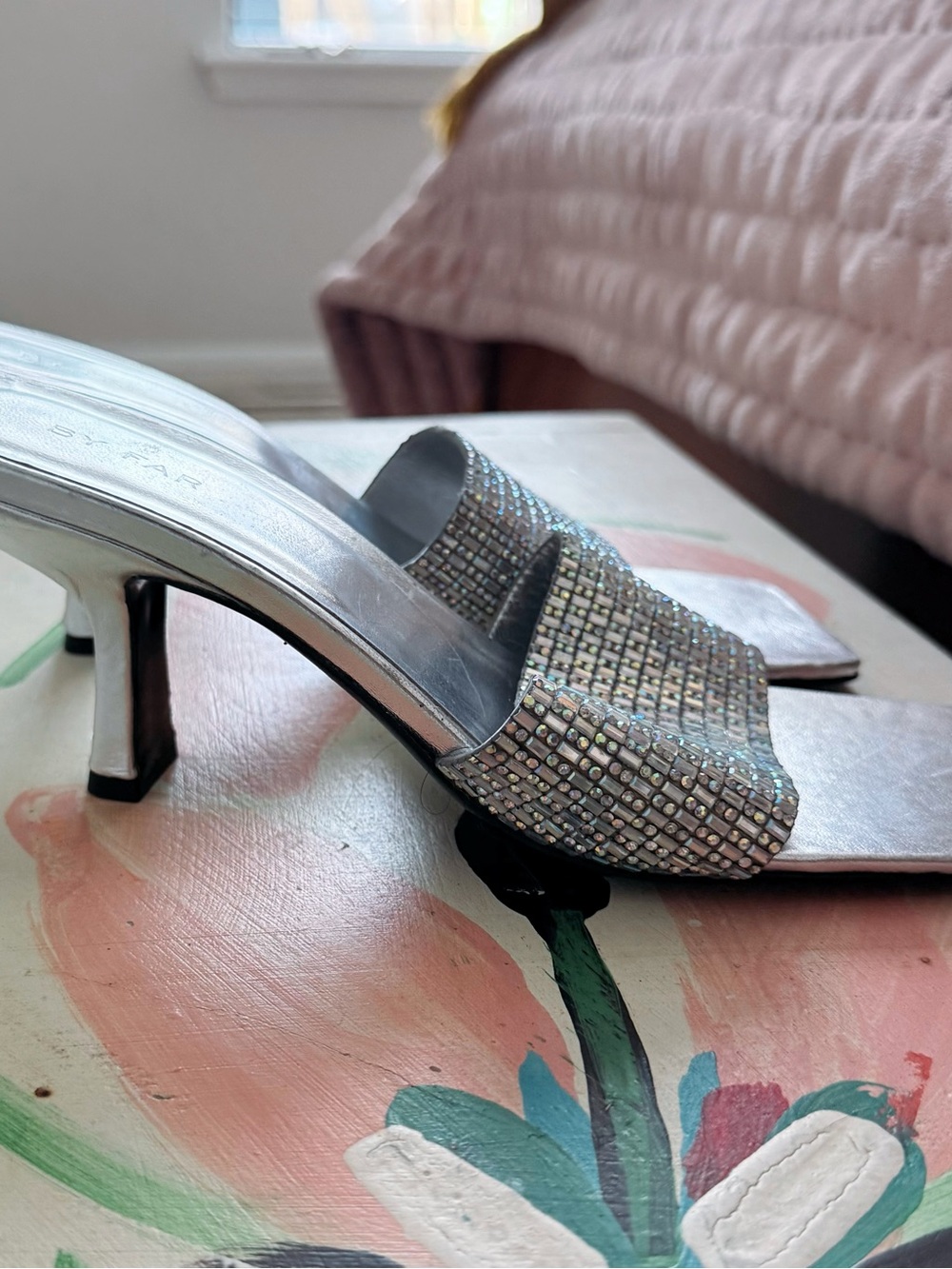 Silver Rhinestone Slide Heels for Women